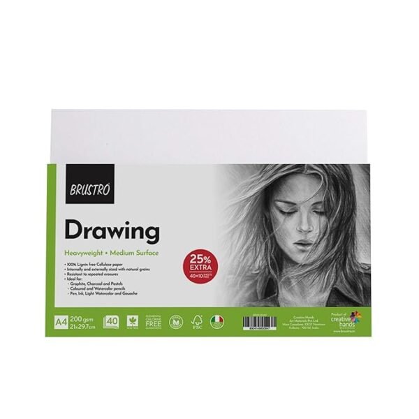 BRUSTRO Drawing Papers | 200 GSM, A4, Pack of 50 (40+10 Sheets) | Ideal for Students and Adults, School, Coloring, Professional Art, Craft, Graphite, Charcoal, Pastels, Sketching, Shading, Drawing