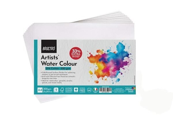BRUSTRO Artists 25% Cotton Watercolour Paper| 300 GSM,Size A4, Cold Pressed | Pack of 12 Sheets | Ideal for Artist, Professional Drawing, Painting Dry & Wet, Fine Arts Students